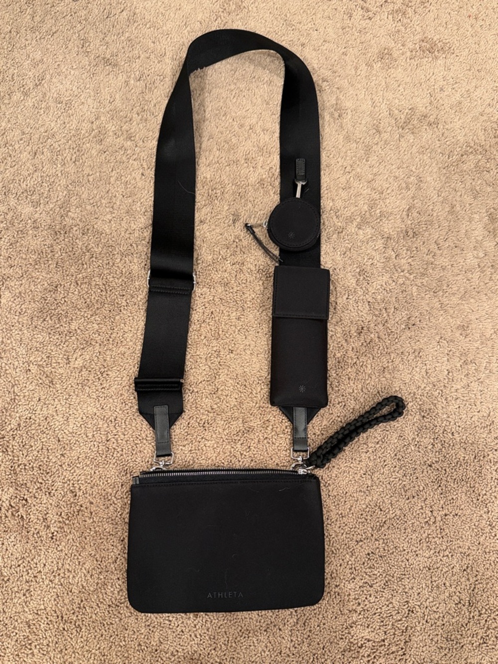 Athleta Black Minimalist Crossbody Pouch with Wide Strap and Braided Wristlet